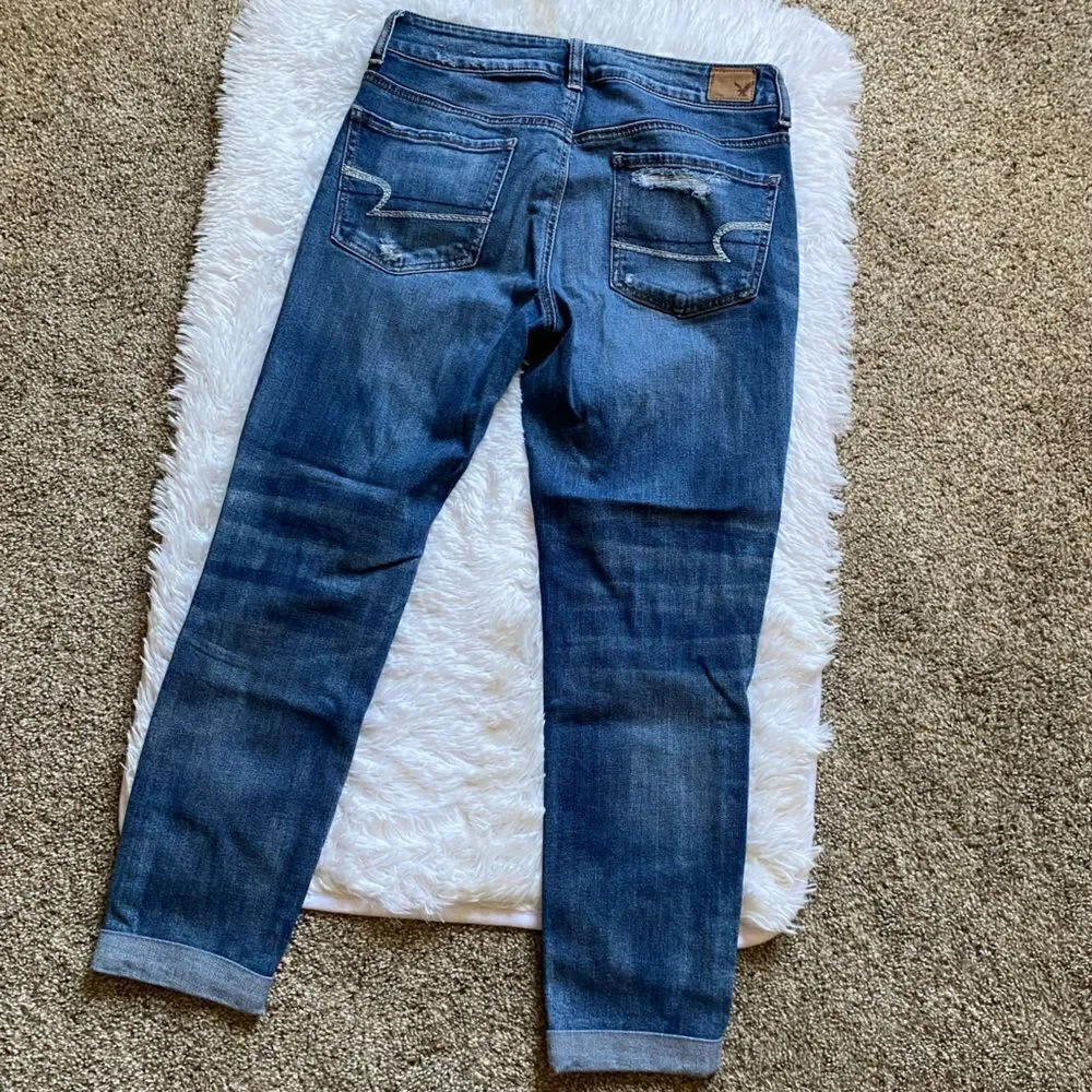 American Eagle Tomgirl Jeans Button‎ Fly Raw Ankle Hem Blue Stretch Distressed 2